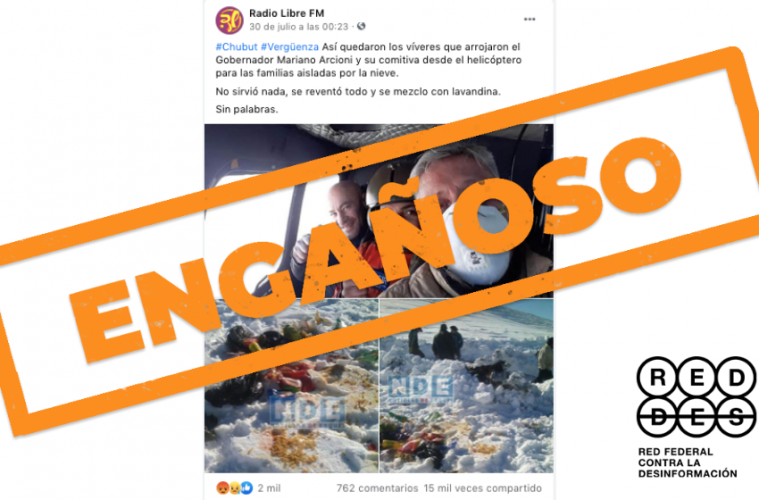 Es engañosa la imagen del operativo de asistencia en Cushamen donde se ven bolsones de alimentos en la nieve